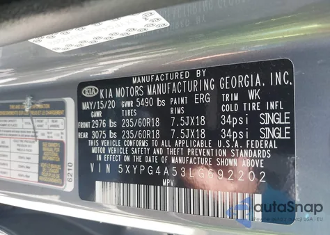 2020 Kia Sorento 3.3L Lx из США, поврежденный, VIN 5XYPG4A53LG692202